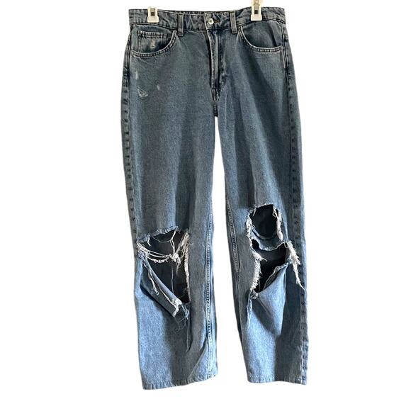 Women's Loose Straight High Waist Light Wash Blue Denim Destroyed Ripped Jeans - Picture 1 of 11